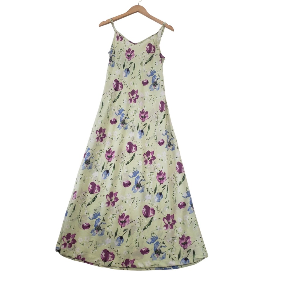 Express Vintage Floral Maxi Dress 3/4 Green Purple 90s Spaghetti Strap V Neck